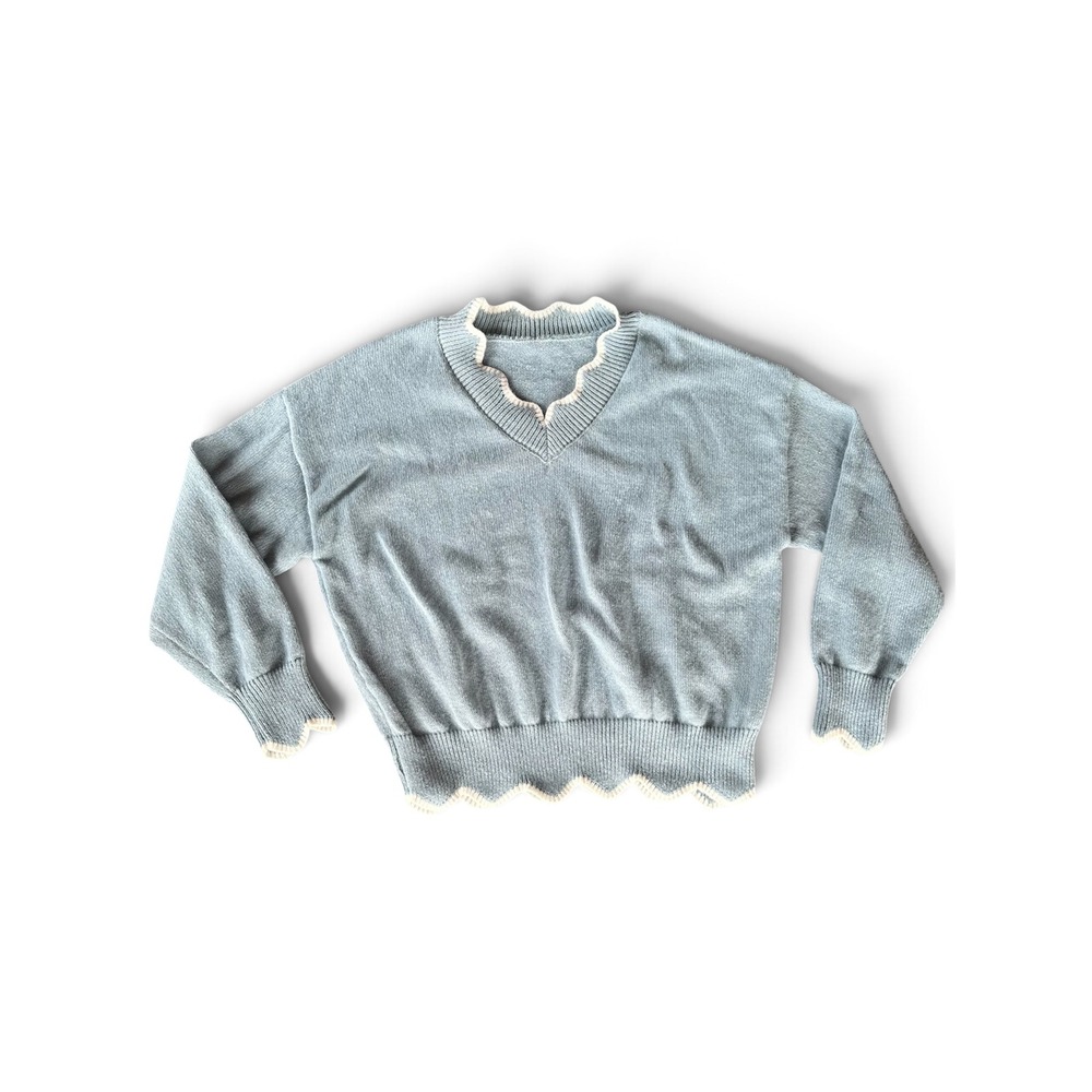 Emery Rose Blue Scalloped Trim V-Neck Knit Sweater Large Drop Shoulder Pullover